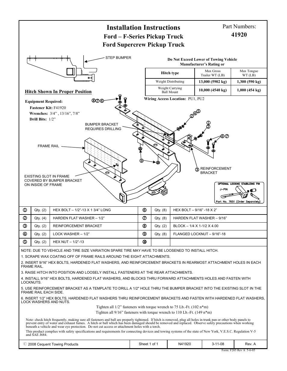 Draw-Tite 41920 ULTRA FRAME RECEIVER User Manual | 1 page