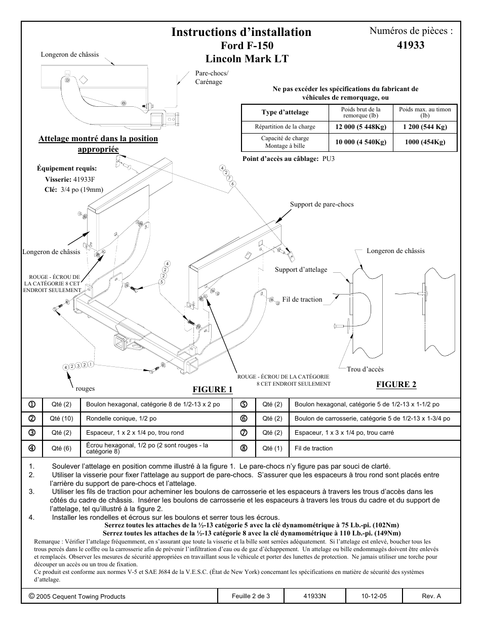Instructions d’installation, Ford f-150 lincoln mark lt, Numéros de pièces | Figure 1, Attelage montré dans la position appropriée, Figure 2 | Draw-Tite 41933 ULTRA FRAME RECEIVER User Manual | Page 2 / 3