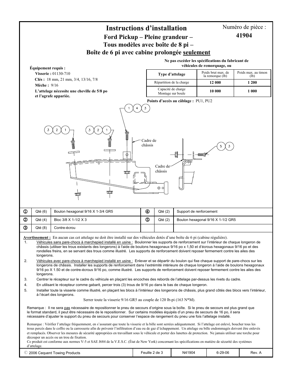 Instructions d’installation, Numéro de pièce | Draw-Tite 41904 ULTRA FRAME RECEIVER User Manual | Page 2 / 3