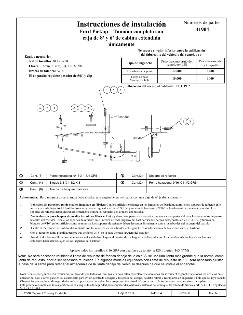 Instrucciones de instalación, Números de partes | Draw-Tite 41904 ULTRA FRAME RECEIVER User Manual | Page 3 / 3