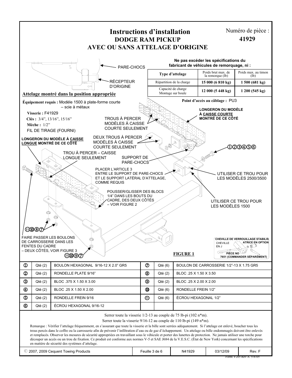 Instructions d’installation, Dodge ram pickup avec ou sans attelage d’origine, Numéro de pièce | Draw-Tite 41929 ULTRA FRAME RECEIVER User Manual | Page 3 / 6