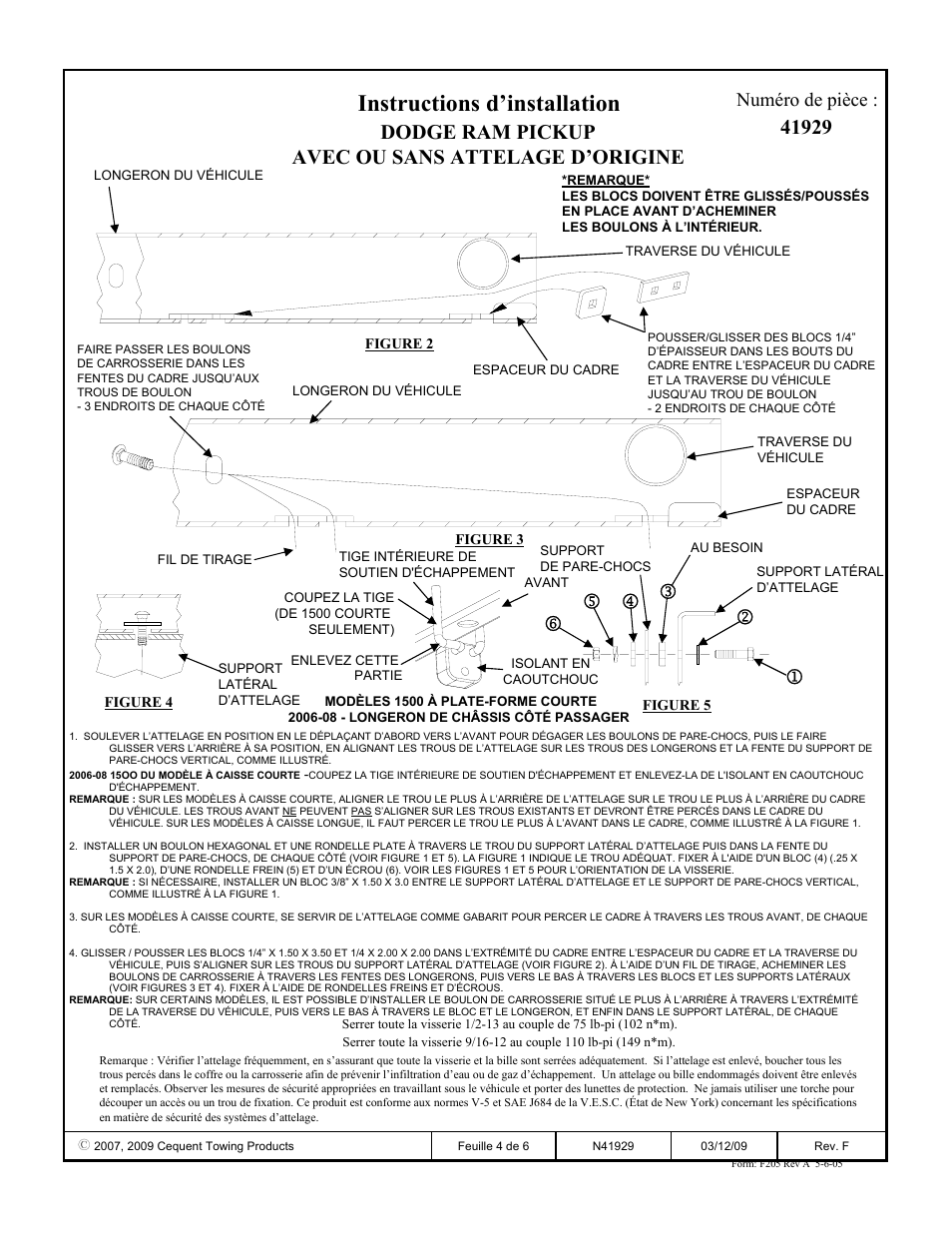 Instructions d’installation, Dodge ram pickup avec ou sans attelage d’origine, Numéro de pièce | Draw-Tite 41929 ULTRA FRAME RECEIVER User Manual | Page 4 / 6