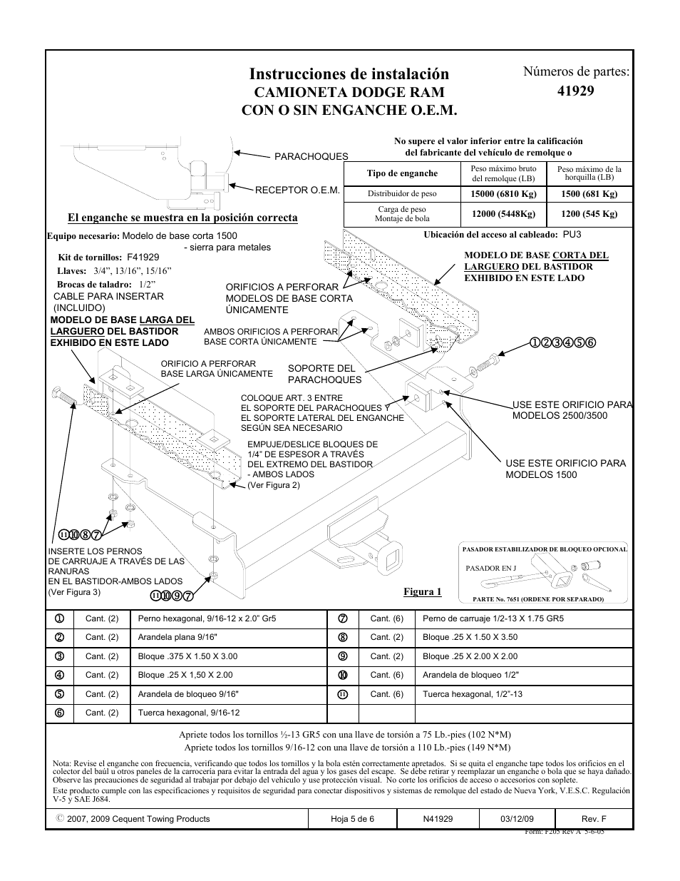 Instrucciones de instalación, Camioneta dodge ram con o sin enganche o.e.m, Números de partes | Draw-Tite 41929 ULTRA FRAME RECEIVER User Manual | Page 5 / 6