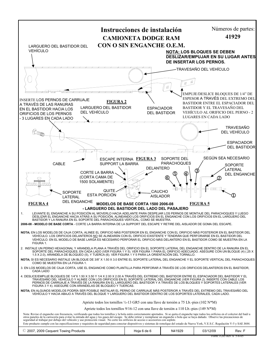 Instrucciones de instalación, Camioneta dodge ram con o sin enganche o.e.m, Números de partes | Draw-Tite 41929 ULTRA FRAME RECEIVER User Manual | Page 6 / 6