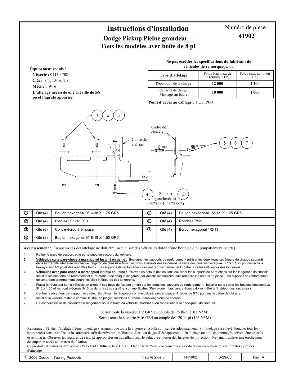 Instructions d’installation, Numéro de pièce | Draw-Tite 41902 ULTRA FRAME RECEIVER User Manual | Page 2 / 3