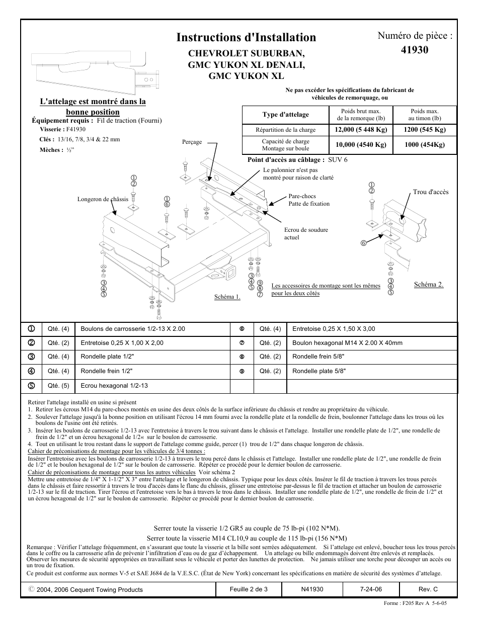 Instructions d'installation, Numéro de pièce | Draw-Tite 41930 ULTRA FRAME RECEIVER User Manual | Page 2 / 3