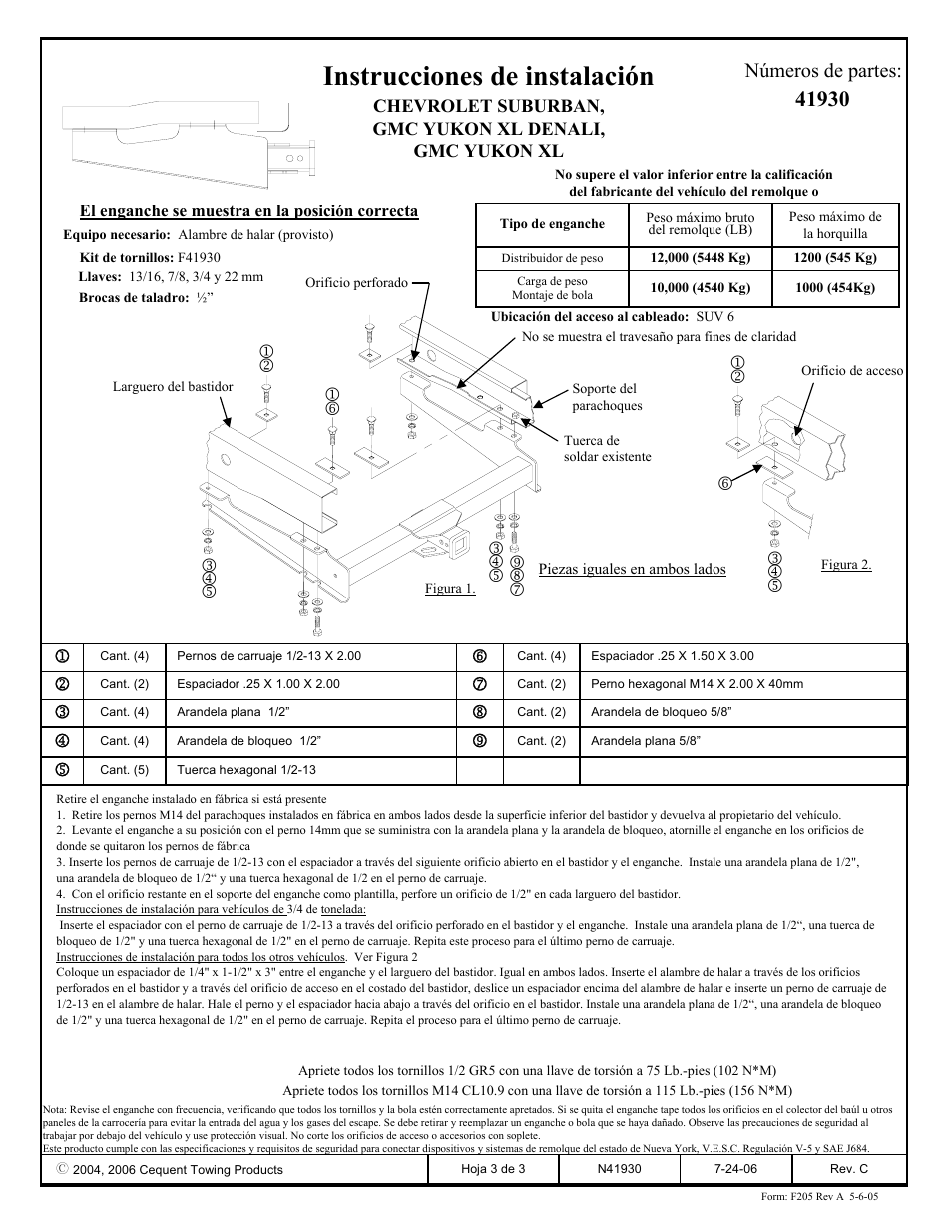 Instrucciones de instalación, Números de partes | Draw-Tite 41930 ULTRA FRAME RECEIVER User Manual | Page 3 / 3