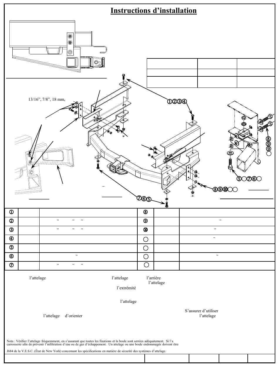 Instructions d’installation, Numéros de pièce | Draw-Tite 41944 ULTRA FRAME RECEIVER User Manual | Page 2 / 3