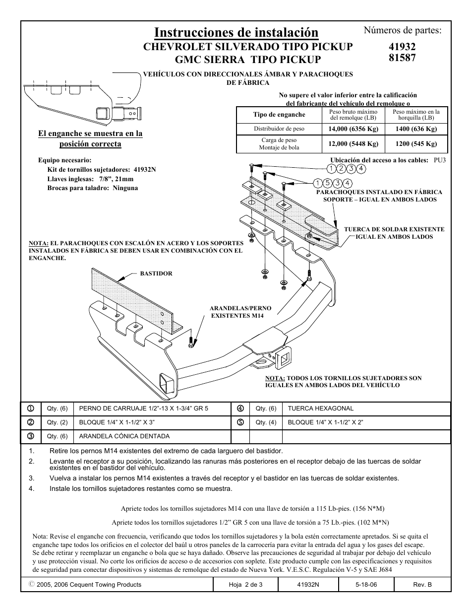 Instrucciones de instalación, Números de partes | Draw-Tite 41932 ULTRA FRAME RECEIVER User Manual | Page 2 / 3