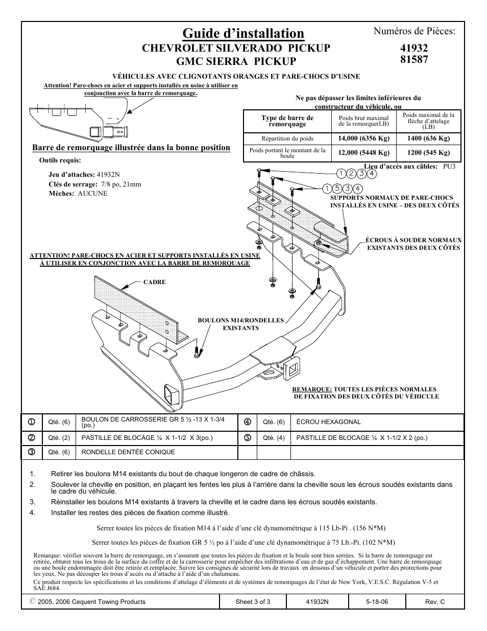 Guide d’installation, Chevrolet silverado pickup gmc sierra pickup, Numéros de pièces | Draw-Tite 41932 ULTRA FRAME RECEIVER User Manual | Page 3 / 3