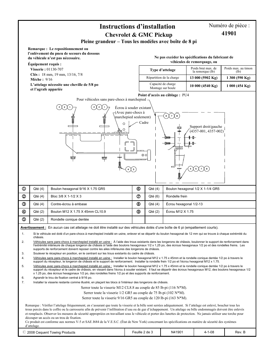 Instructions d’installation, Chevrolet & gmc pickup, Numéro de pièce | Draw-Tite 41901 ULTRA FRAME RECEIVER User Manual | Page 2 / 3