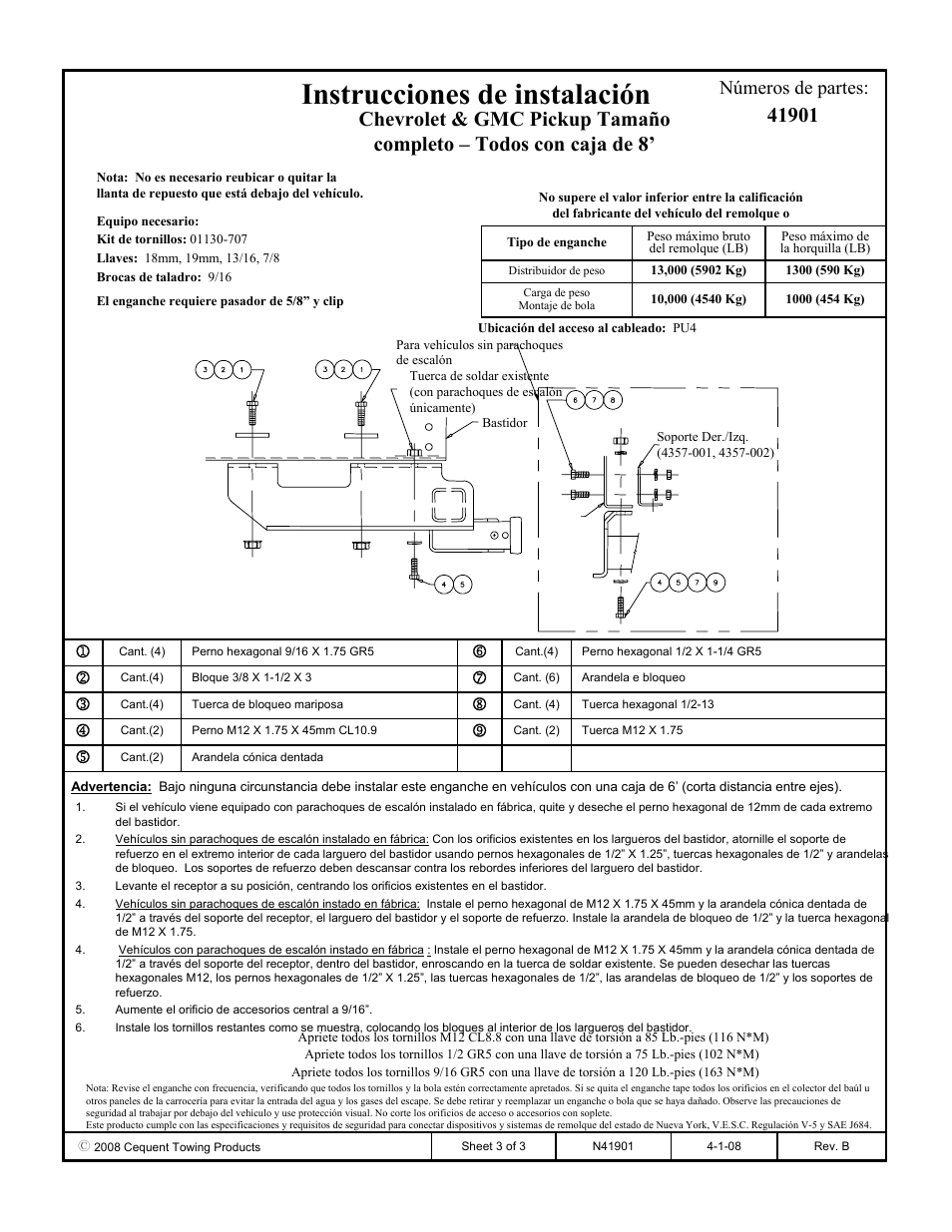 Instrucciones de instalación, Números de partes | Draw-Tite 41901 ULTRA FRAME RECEIVER User Manual | Page 3 / 3