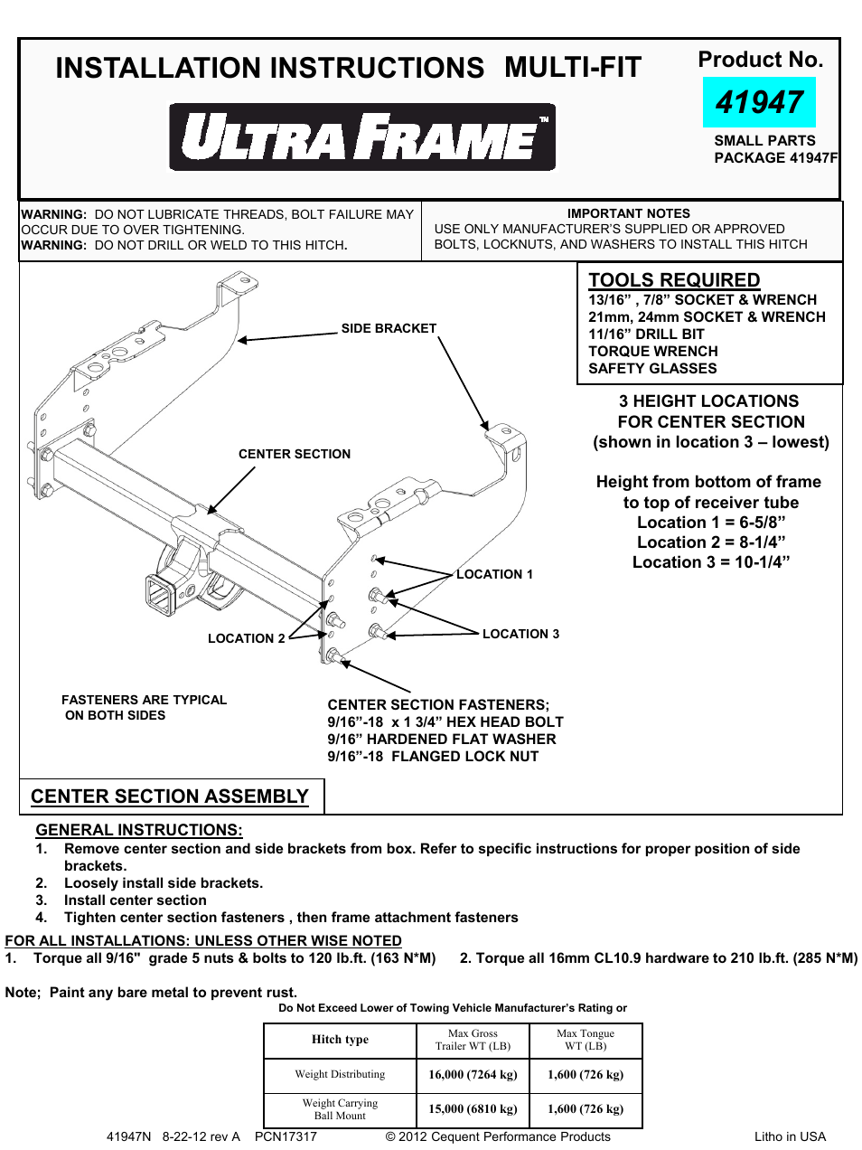 Draw-Tite 41947 ULTRA FRAME RECEIVER User Manual | 22 pages