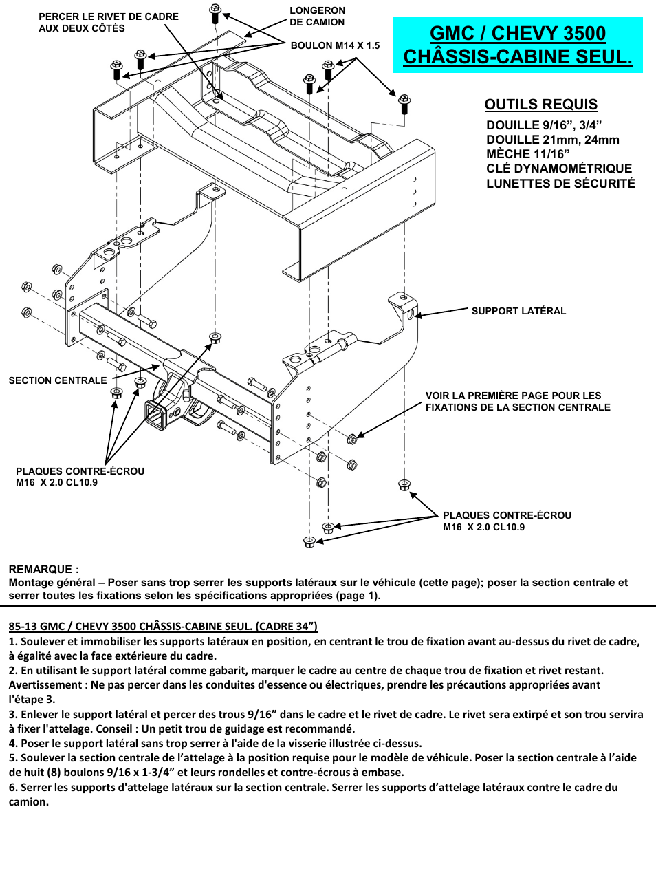 Slide number 11, Gmc / chevy 3500 châssis-cabine seul, Outils requis | Draw-Tite 41947 ULTRA FRAME RECEIVER User Manual | Page 11 / 22