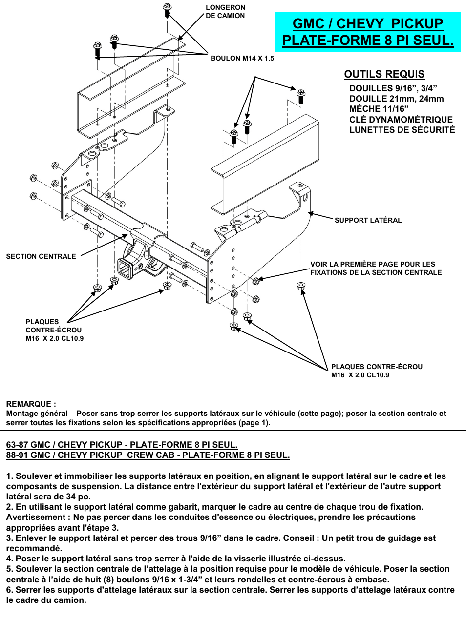 Slide number 13, Gmc / chevy pickup plate-forme 8 pi seul, Outils requis | Draw-Tite 41947 ULTRA FRAME RECEIVER User Manual | Page 13 / 22