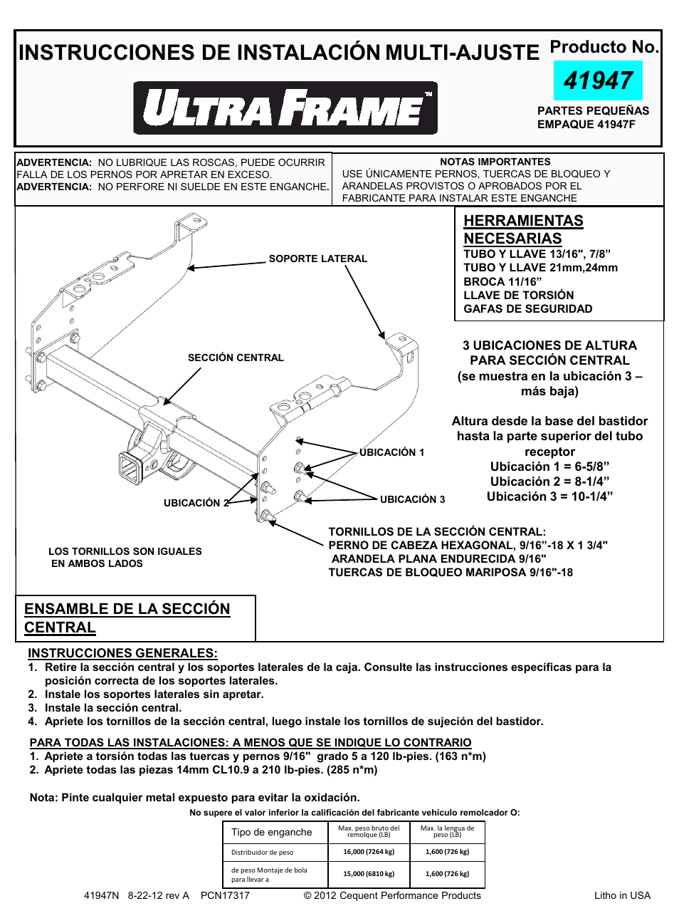 Slide number 14, Instrucciones de instalación, Multi-ajuste | Producto no, Ensamble de la sección central, Herramientas necesarias | Draw-Tite 41947 ULTRA FRAME RECEIVER User Manual | Page 14 / 22