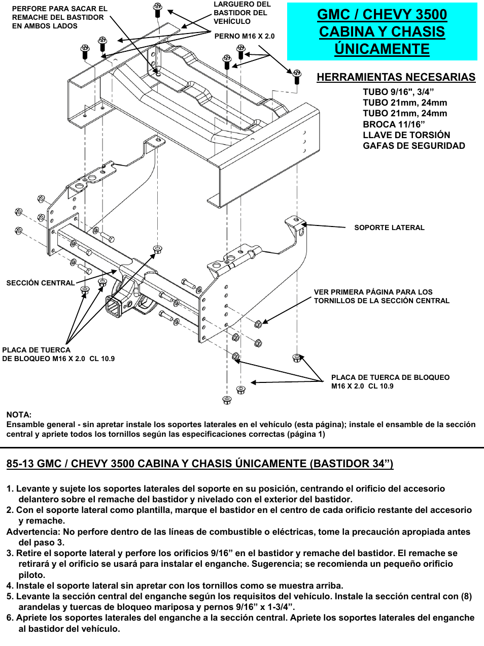 Slide number 17, Gmc / chevy 3500 cabina y chasis únicamente, Herramientas necesarias | Draw-Tite 41947 ULTRA FRAME RECEIVER User Manual | Page 17 / 22