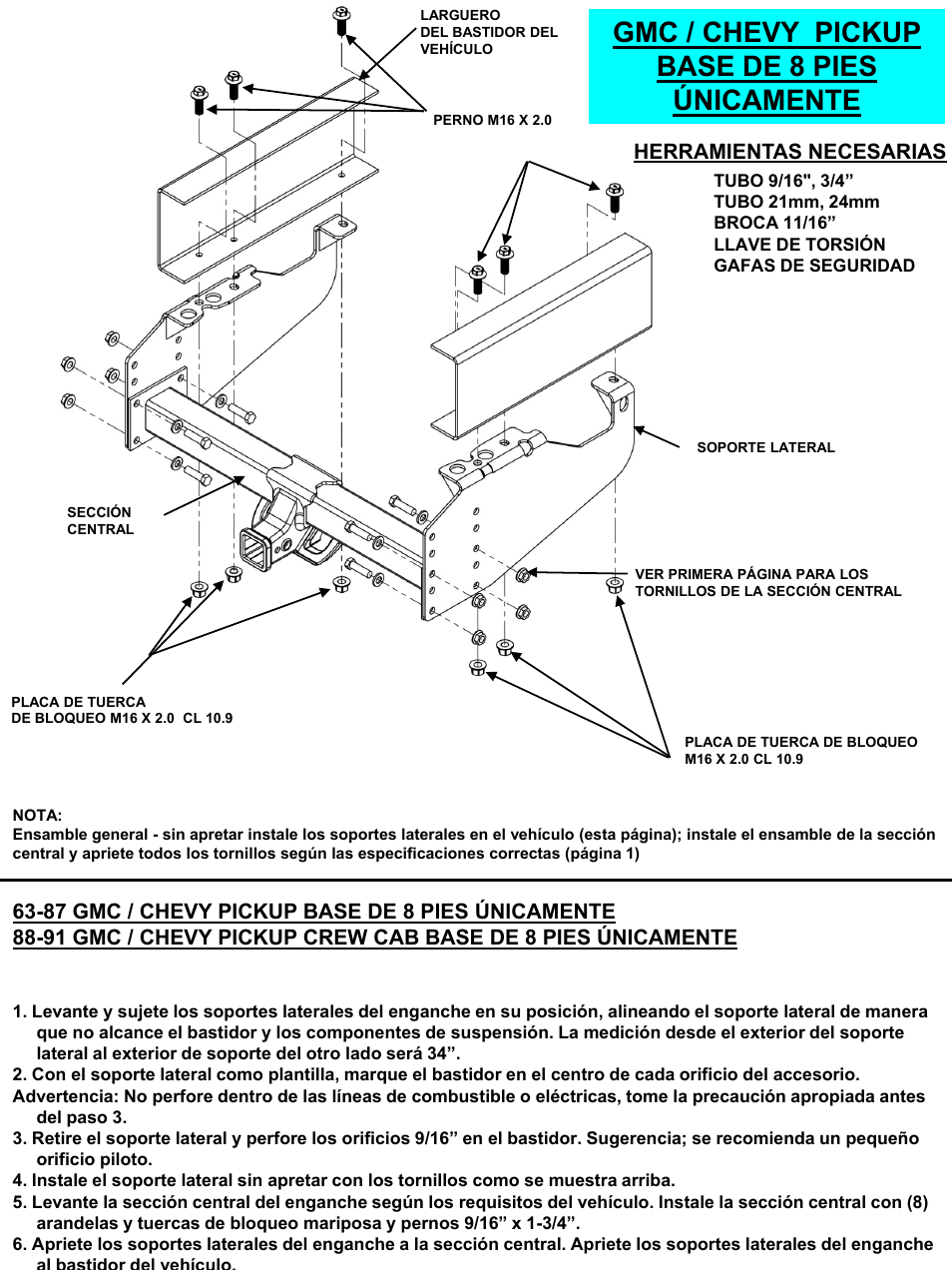 Slide number 19, Gmc / chevy pickup base de 8 pies únicamente, Herramientas necesarias | Draw-Tite 41947 ULTRA FRAME RECEIVER User Manual | Page 19 / 22