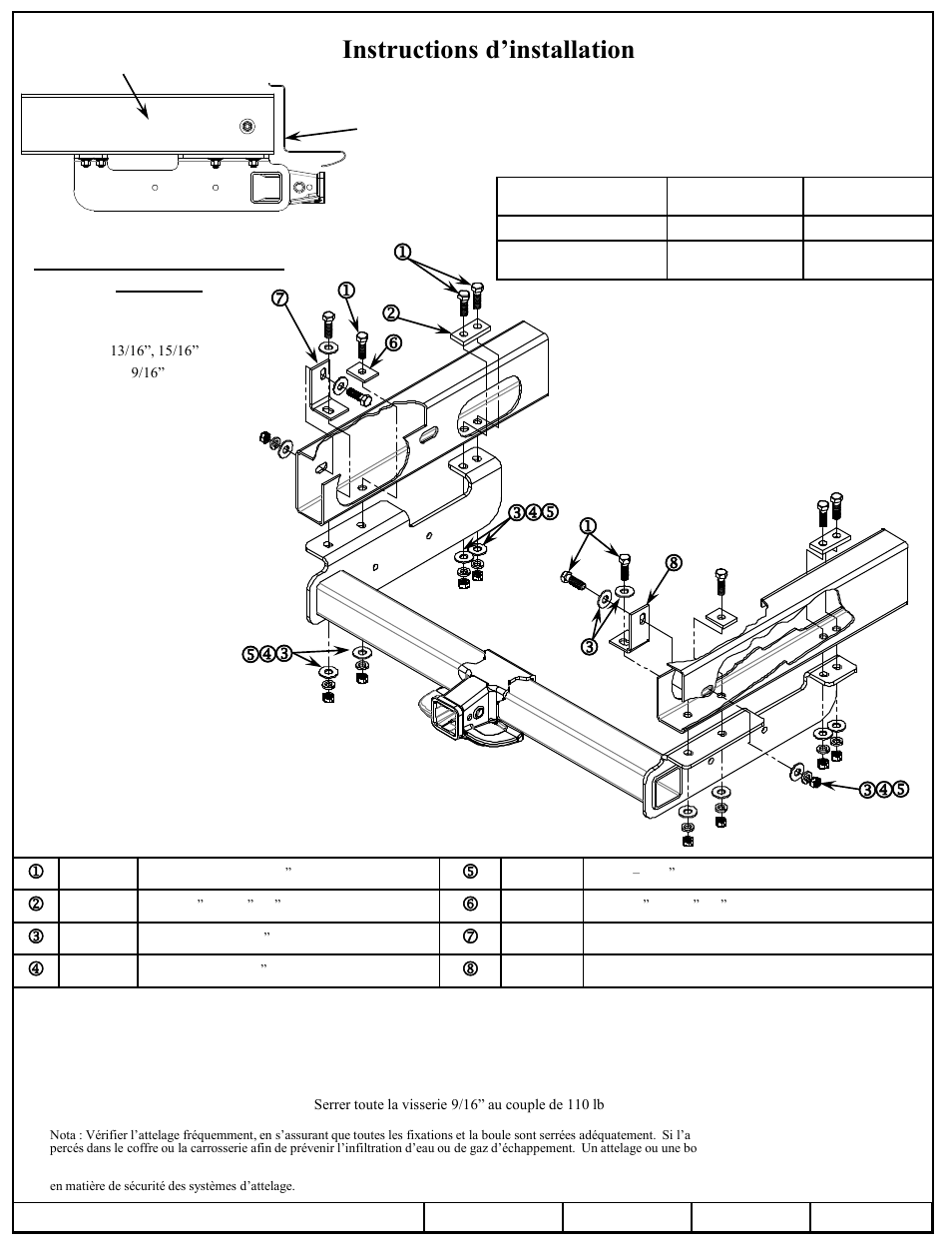 Instructions d’installation, Fourgonnette gmc full size, Numéros de pièce | Draw-Tite 41946 ULTRA FRAME RECEIVER User Manual | Page 2 / 3