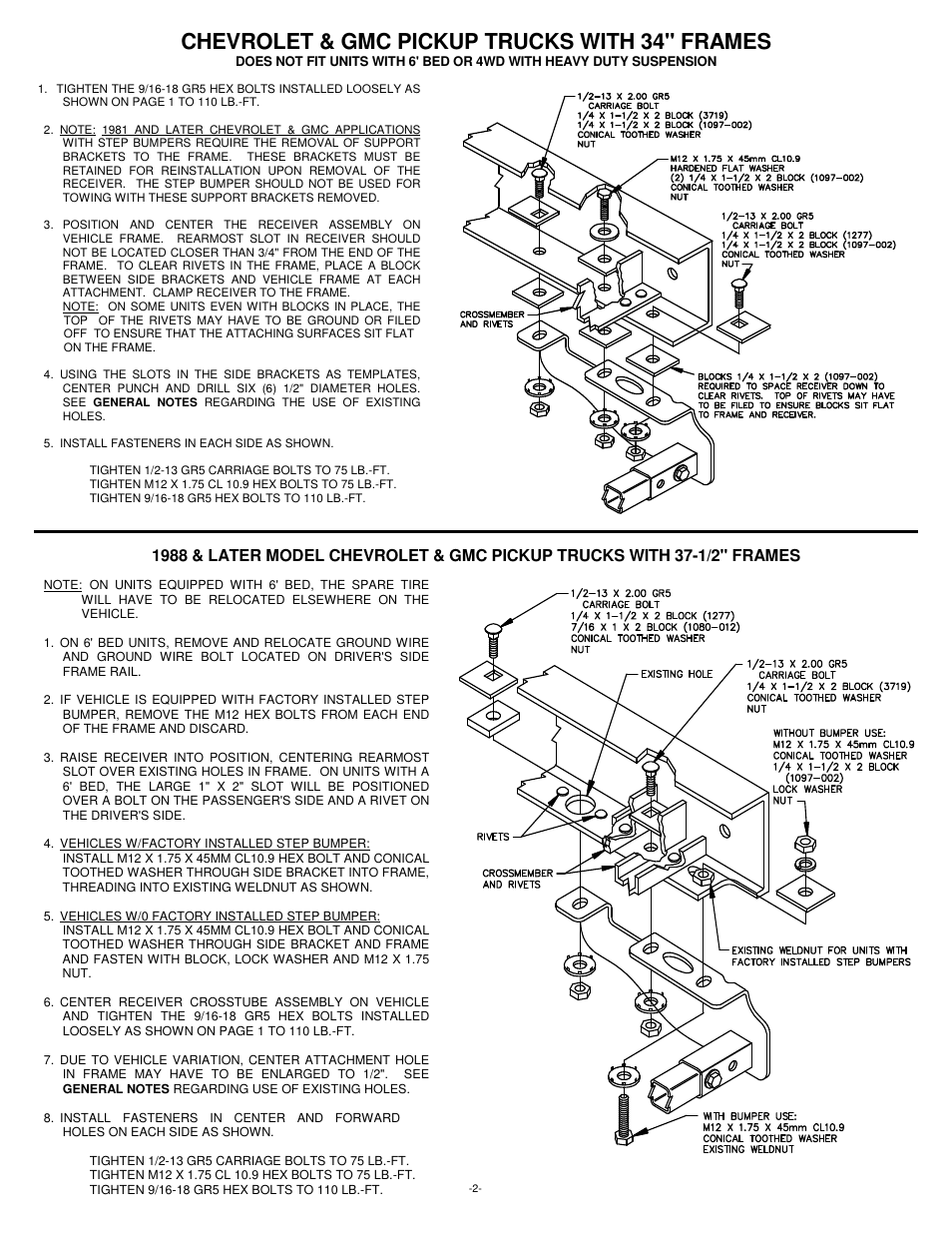 Chevrolet & gmc pickup trucks with 34" frames | Draw-Tite 40050 CLASS III-IV MULTI-FIT RECEIVER User Manual | Page 2 / 6