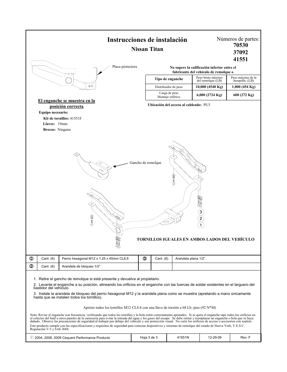 Instrucciones de instalación, Nissan titan, Números de partes | Draw-Tite 41551 MAX-E-LOADER RECEIVER User Manual | Page 3 / 3