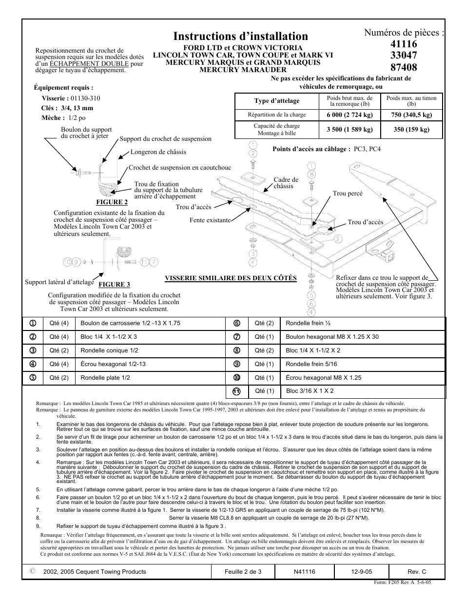 Instructions d’installation, Numéros de pièces | Draw-Tite 41116 MAX-E-LOADER RECEIVER User Manual | Page 2 / 3