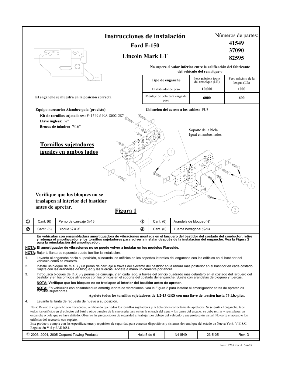 Instrucciones de instalación, Ford f-150 lincoln mark lt, Números de partes | Draw-Tite 41549 MAX-E-LOADER RECEIVER User Manual | Page 5 / 6