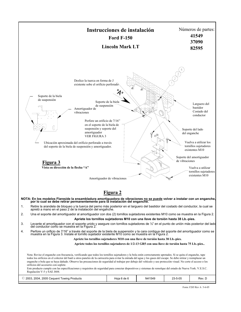 Instrucciones de instalación, Ford f-150 lincoln mark lt, Figura 2 figura 3 | Números de partes | Draw-Tite 41549 MAX-E-LOADER RECEIVER User Manual | Page 6 / 6