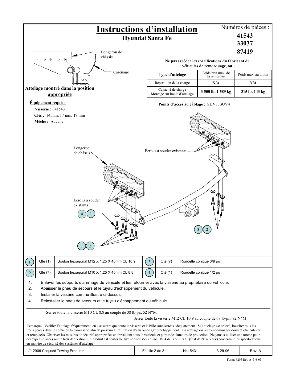 Instructions d’installation, Hyundai santa fe, Numéros de pièces | Draw-Tite 41543 MAX-E-LOADER RECEIVER User Manual | Page 2 / 3