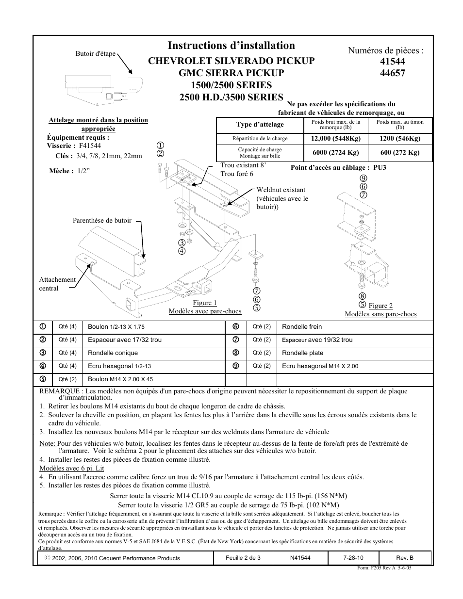Instructions d’installation, Numéros de pièces | Draw-Tite 41544 MAX-E-LOADER RECEIVER User Manual | Page 2 / 3