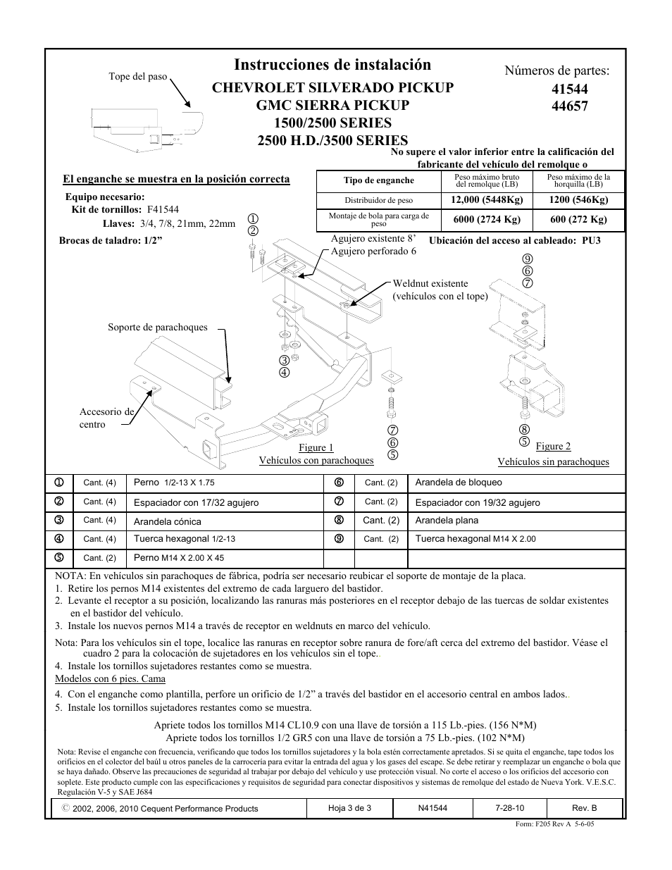 Instrucciones de instalación, Números de partes | Draw-Tite 41544 MAX-E-LOADER RECEIVER User Manual | Page 3 / 3