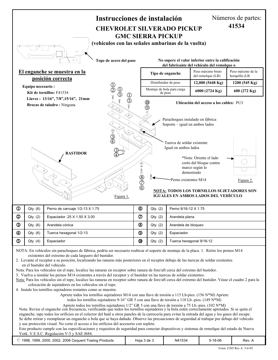 Instrucciones de instalación, Chevrolet silverado pickup gmc sierra pickup | Draw-Tite 41534 MAX-E-LOADER RECEIVER User Manual | Page 3 / 3