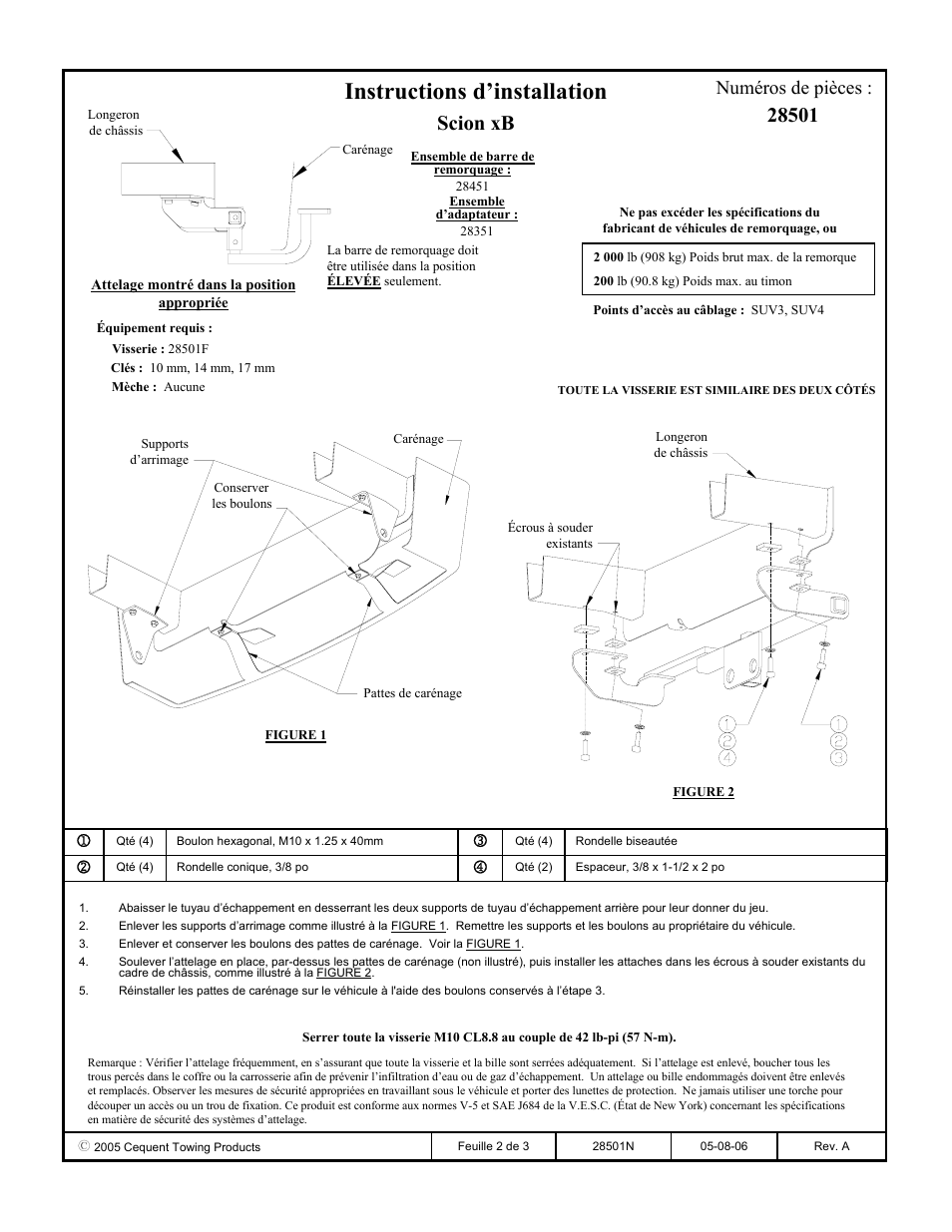 Instructions d’installation, Scion xb, Numéros de pièces | Draw-Tite 28501 INVISI-HITCH User Manual | Page 2 / 3