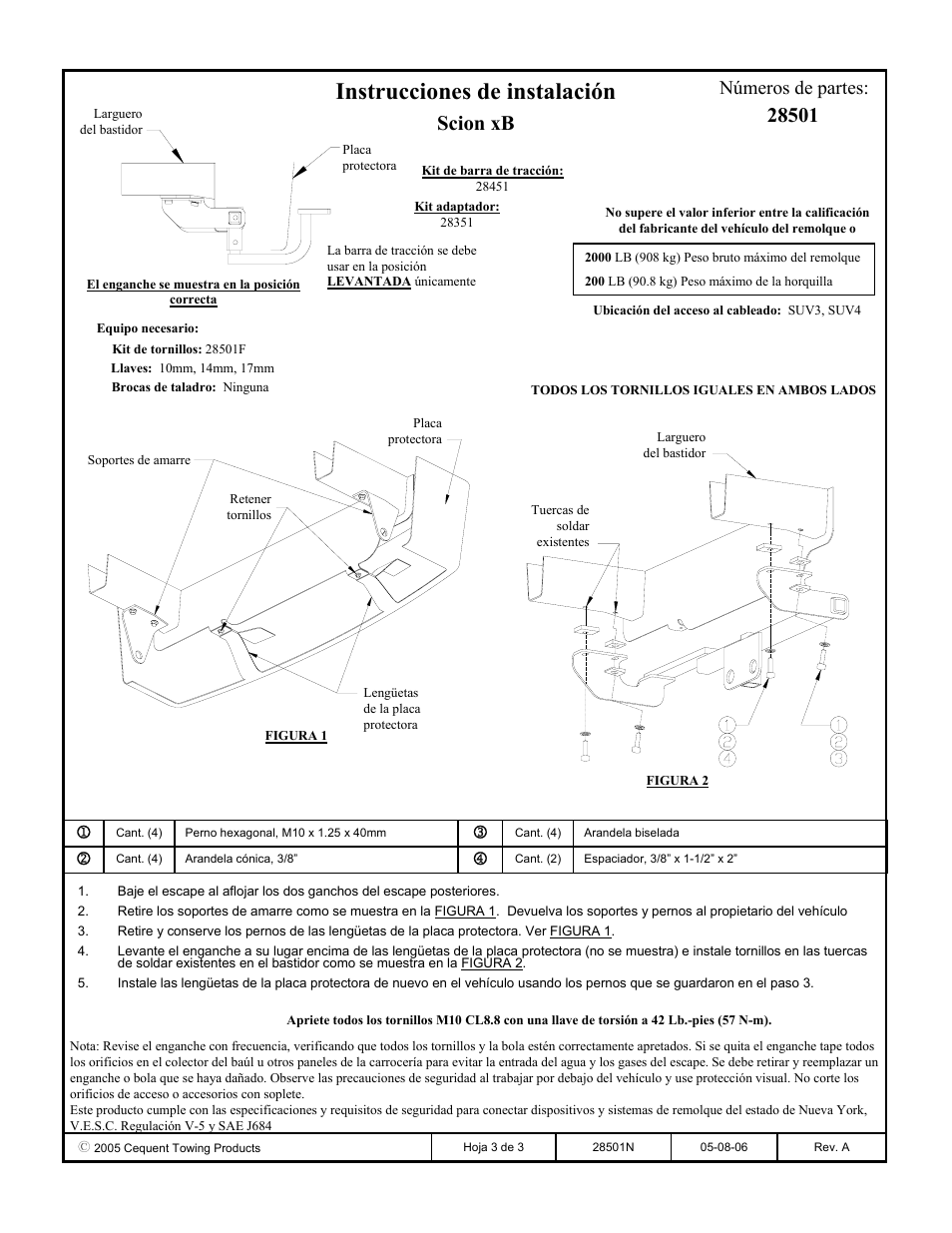 Instrucciones de instalación, Scion xb, Números de partes | Draw-Tite 28501 INVISI-HITCH User Manual | Page 3 / 3