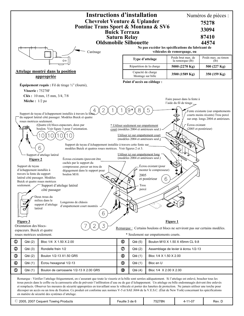 Instructions d’installation, Numéros de pièces | Draw-Tite 75278 MAX-FRAME RECEIVER User Manual | Page 3 / 6