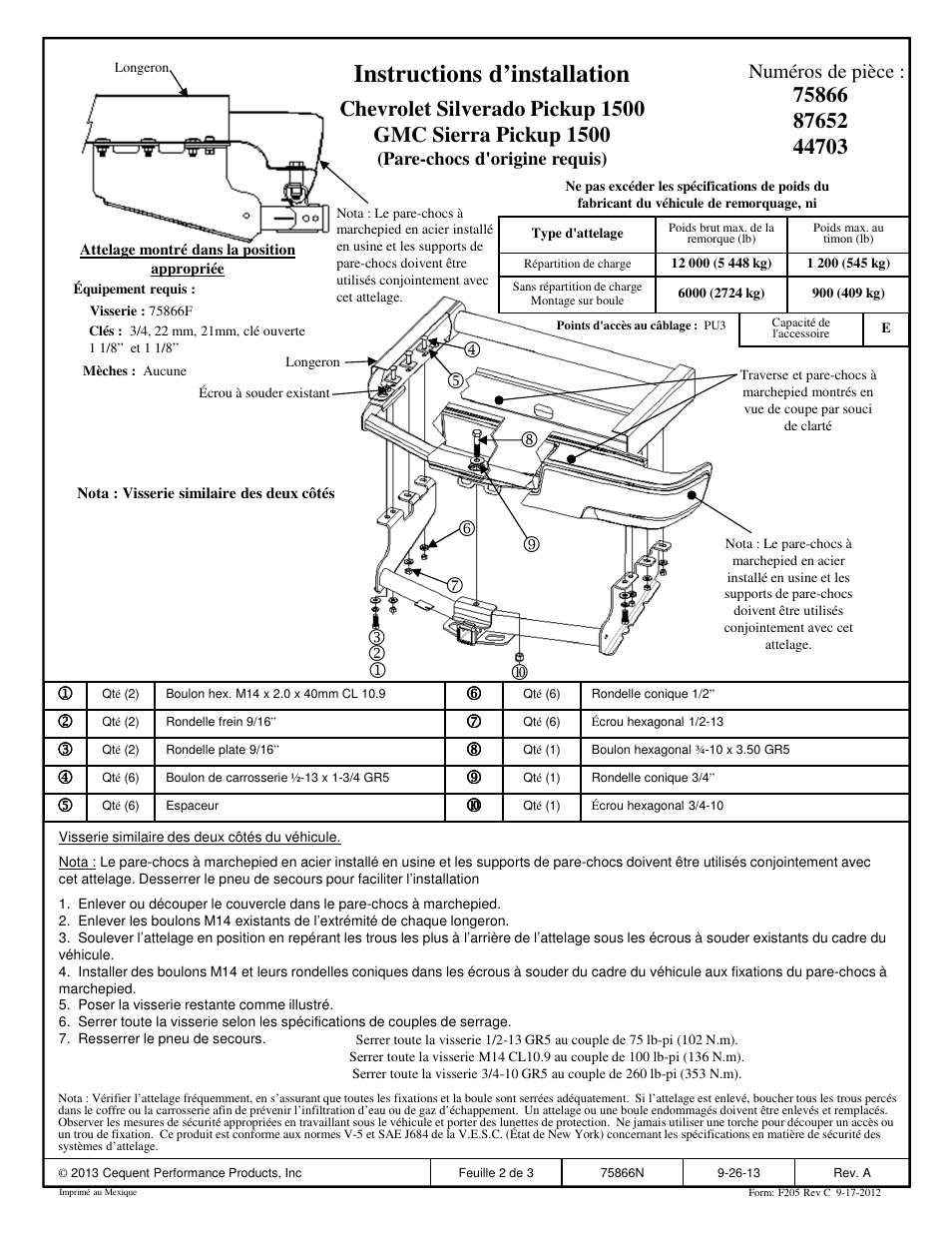 Instructions d’installation, Numéros de pièce | Draw-Tite 75866 MAX-FRAME RECEIVER User Manual | Page 2 / 3