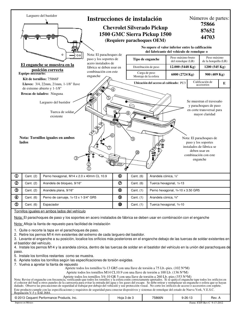 Instrucciones de instalación, Números de partes | Draw-Tite 75866 MAX-FRAME RECEIVER User Manual | Page 3 / 3
