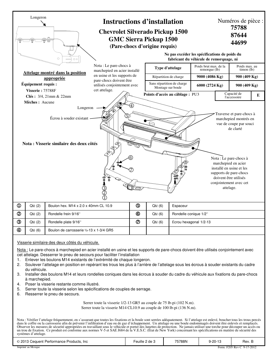 Instructions d’installation, Numéros de pièce | Draw-Tite 75788 MAX-FRAME RECEIVER User Manual | Page 2 / 3