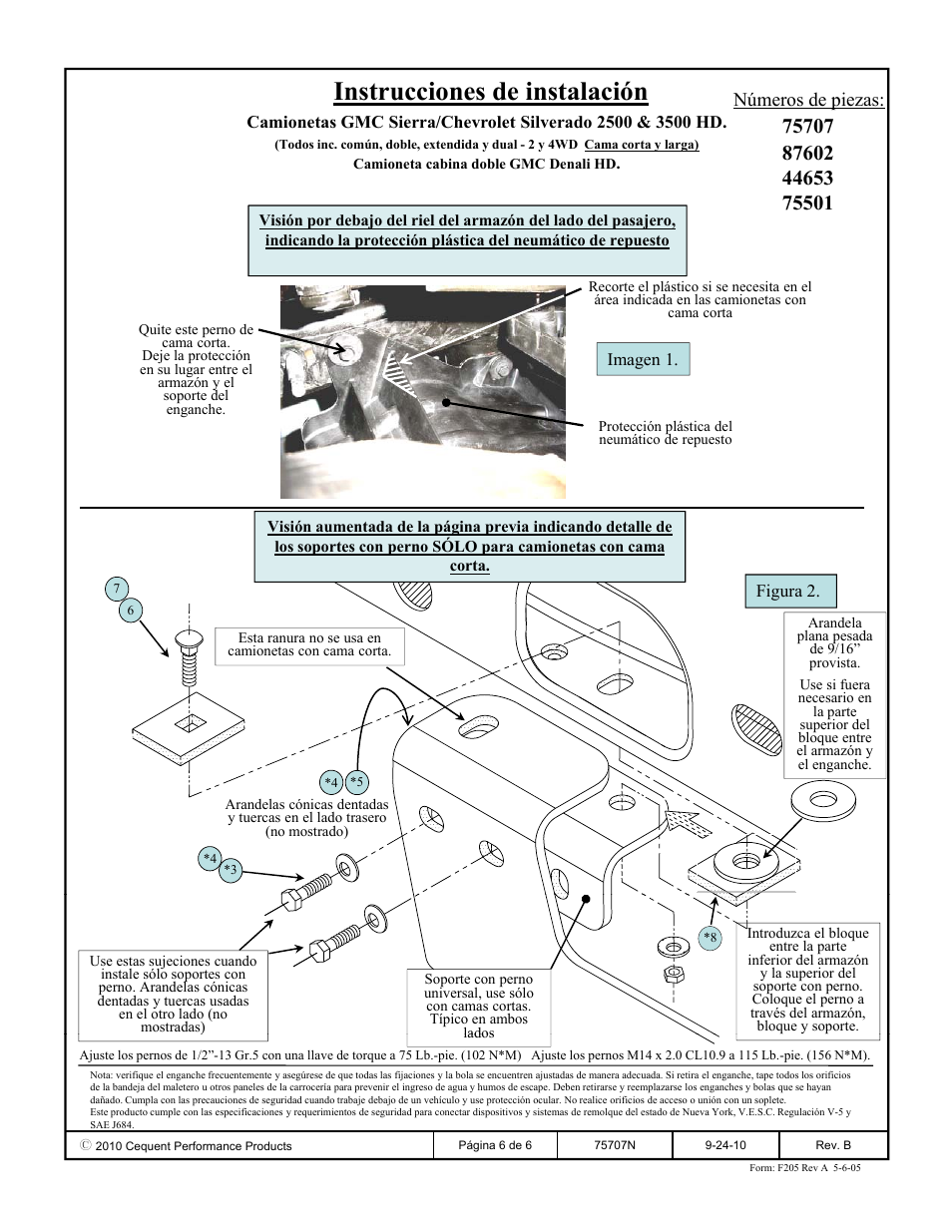Instrucciones de instalación, Números de piezas | Draw-Tite 75707 MAX-FRAME RECEIVER User Manual | Page 6 / 6