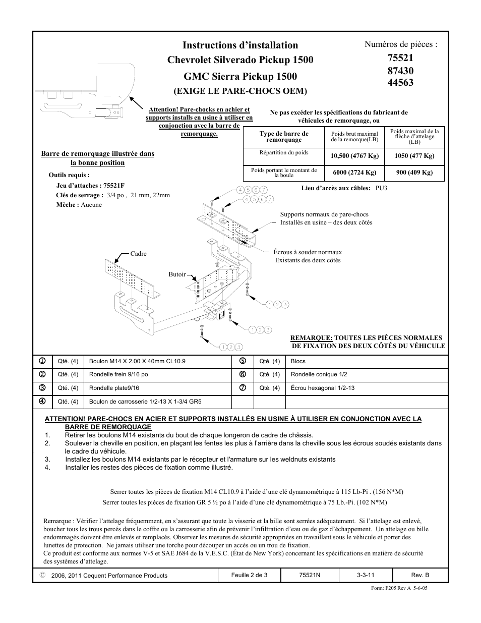 Exige le pare-chocs oem) numéros de pièces | Draw-Tite 75521 MAX-FRAME RECEIVER User Manual | Page 2 / 3