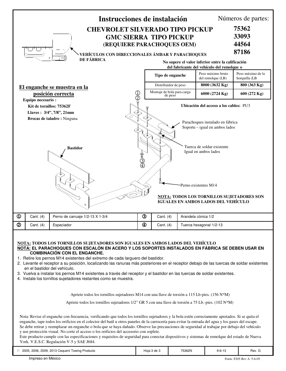 Instrucciones de instalación, Números de partes | Draw-Tite 75362 MAX-FRAME RECEIVER User Manual | Page 3 / 3