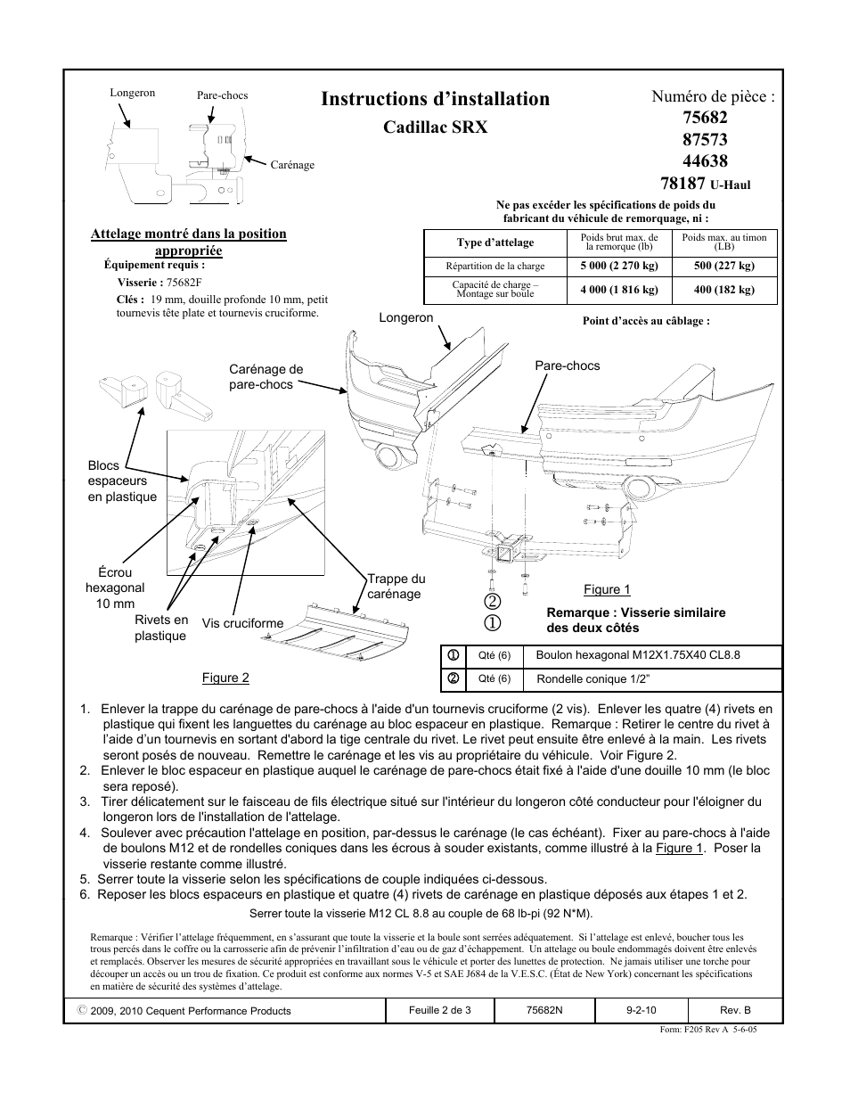 Instructions d’installation, Cadillac srx, Numéro de pièce | Draw-Tite 75682 MAX-FRAME RECEIVER User Manual | Page 2 / 3