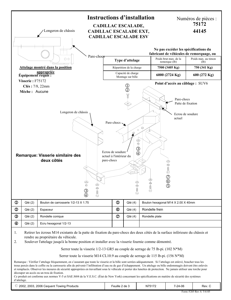 Instructions d’installation, Numéros de pièces | Draw-Tite 75172 MAX-FRAME RECEIVER User Manual | Page 2 / 3