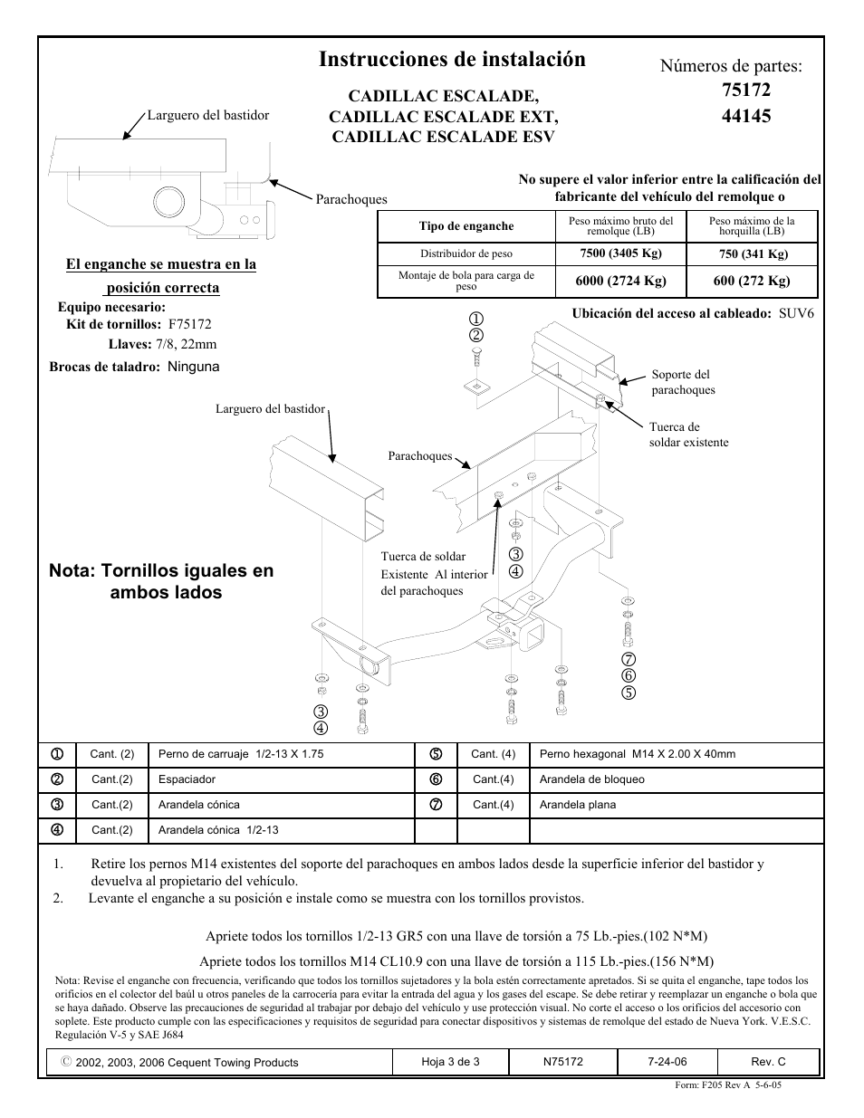 Instrucciones de instalación, Números de partes, Nota: tornillos iguales en ambos lados | Draw-Tite 75172 MAX-FRAME RECEIVER User Manual | Page 3 / 3