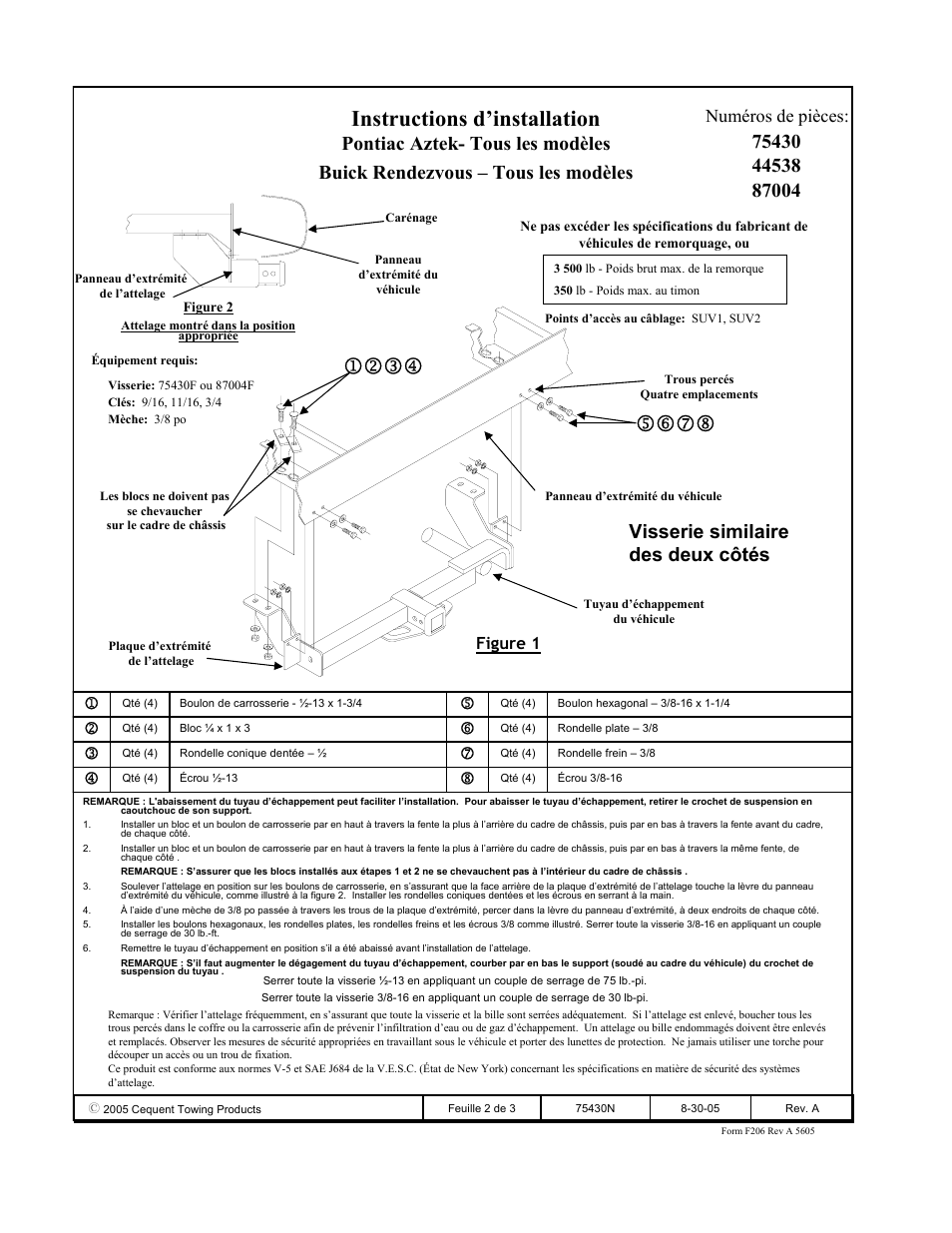 Instructions d’installation, Visserie similaire des deux côtés, Numéros de pièces | Figure 1 | Draw-Tite 75430 MAX-FRAME RECEIVER User Manual | Page 2 / 3