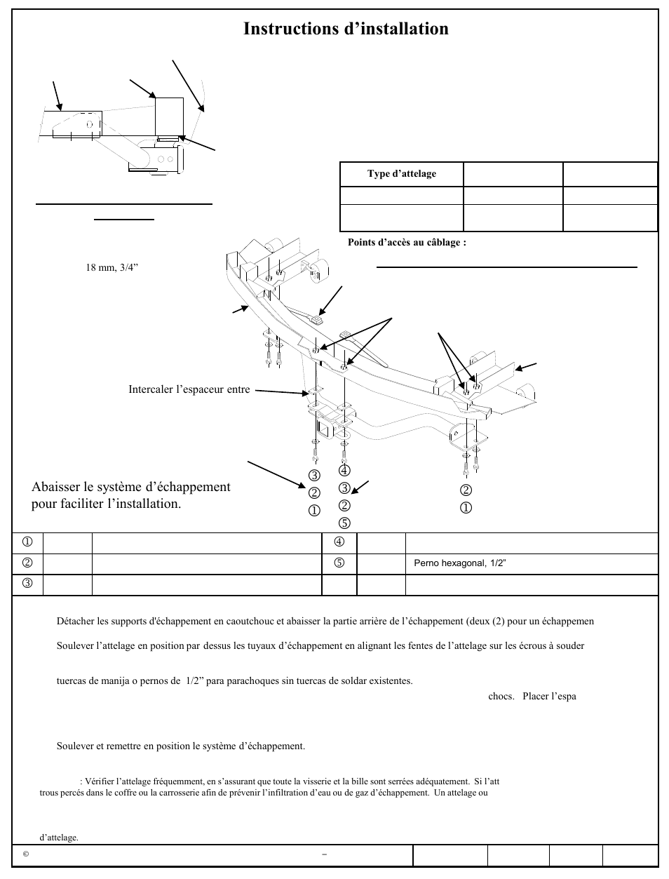 Instructions d’installation, L k j, M l k n | Numéros de pièces, Échappement non montré | Draw-Tite 75528 MAX-FRAME RECEIVER User Manual | Page 2 / 3