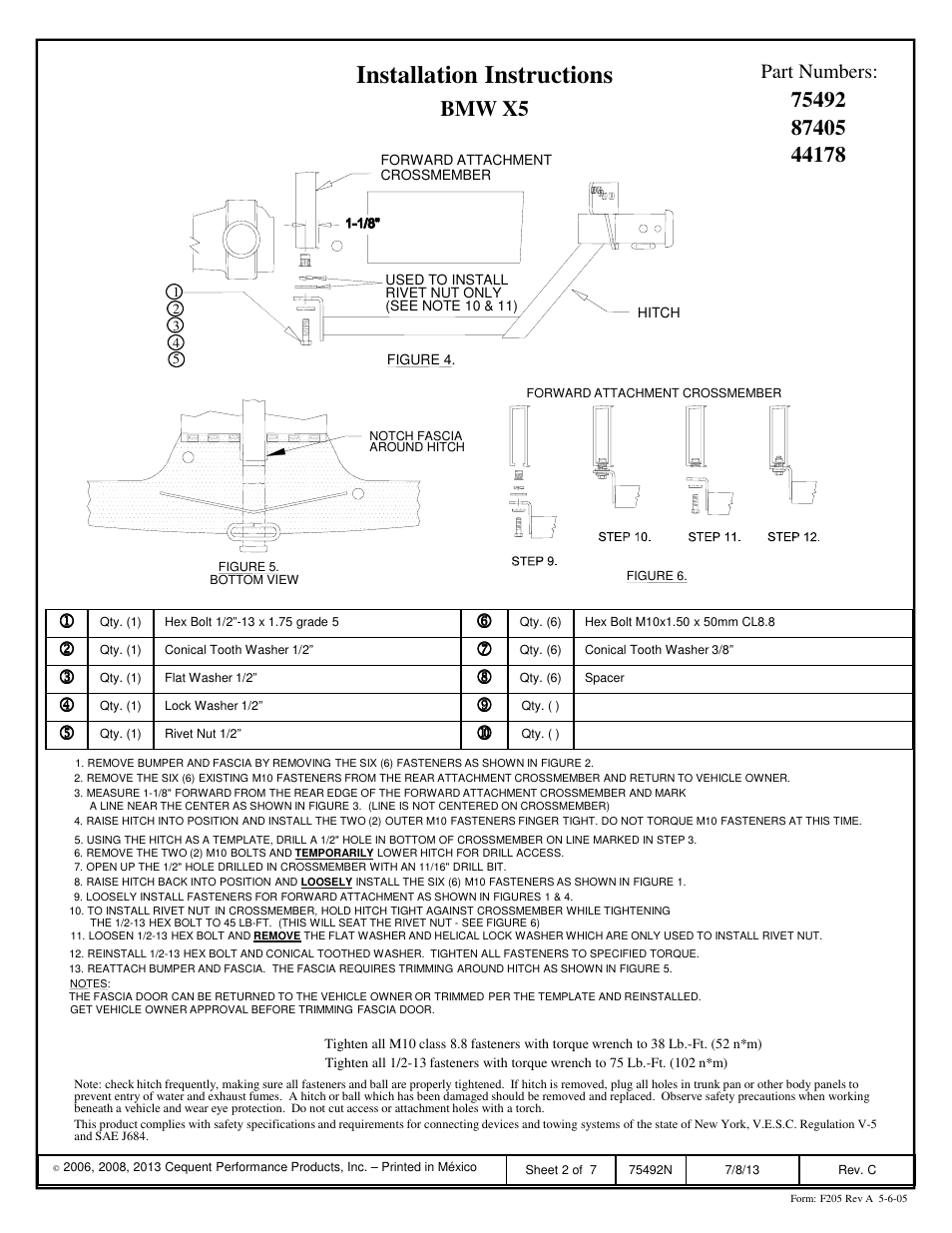 Installation instructions, Bmw x5, Part numbers | Draw-Tite 75492 MAX-FRAME RECEIVER User Manual | Page 2 / 7