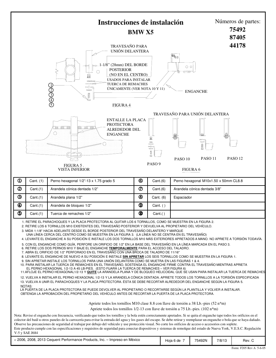 Instrucciones de instalación, Bmw x5, Números de partes | Draw-Tite 75492 MAX-FRAME RECEIVER User Manual | Page 6 / 7