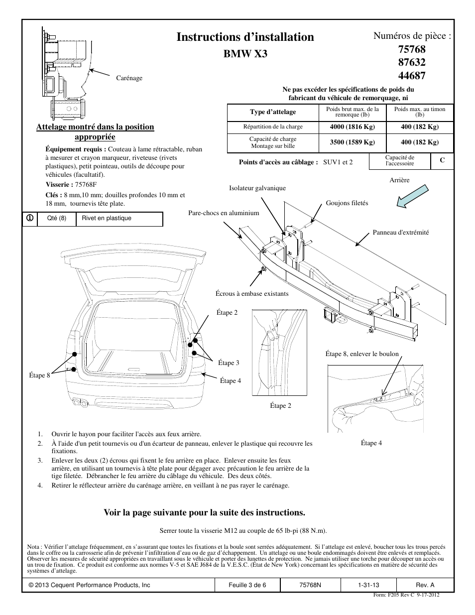 Instructions d’installation, Numéros de pièce | Draw-Tite 75768 MAX-FRAME RECEIVER User Manual | Page 3 / 6