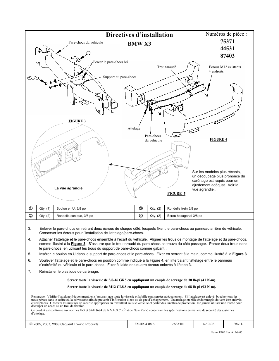 Directives d’installation, Bmw x3, Numéros de pièce | Draw-Tite 75371 MAX-FRAME RECEIVER User Manual | Page 4 / 6